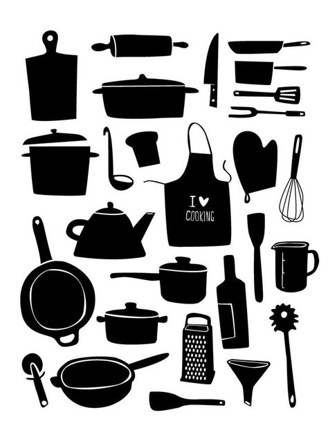 Kitchen tool set in silhouette. Cooking utensil sketch style. Baking equipment collection. kitchenware Logo Black And White, Baking Equipment, Kitchen Tool Set, Cooking Utensil, Sketch Style, Vector Cartoon, Kitchen Tool, Logo Black, Cooking Utensils