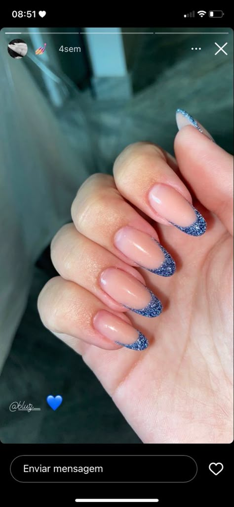 Navy Glitter French Tip Nails, Navy Blue Glitter French Tip Nails, Blue Sparkle Tip Nails, Blue French Nails With Glitter, Reflective Blue Nails, Royal Blue And Silver French Tip Nails, Nails To Go With Blue Dress Prom, Dark Blue Sparkly French Tip Nails, Navy Blue Nail Inspo Prom