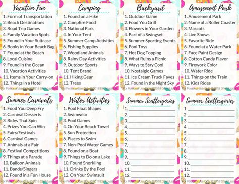 Free Printable Summer Scattergories Game | DIY Adulation Scattegories For Kids, Scattergories Lists Printable Free, Board Games Diy Make Your Own, Summer Scattergories, Board Games Printable, Scattergories Lists, Categories Game, Emotions Game, Reading Games For Kids