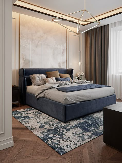 9RR_Evropa on Behance Blue Bed, Modern Luxury Bedroom, Modern Bedroom Interior, Luxury Bedroom Design, Luxury Living Room Design, Luxury Bedroom Master, Bedroom Decor Design, Bedroom Bed Design, Luxury Bedroom