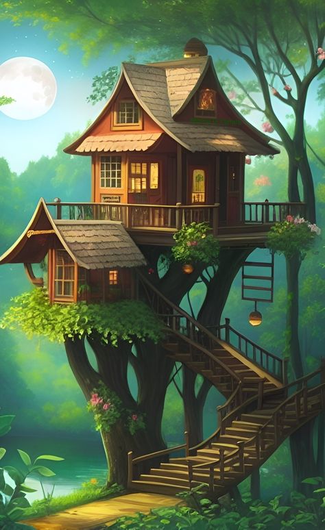 Farm Paintings, Tree House Designs, Fantasy Homes, Beautiful Wallpapers Backgrounds, Fantasy Places, Grayscale Coloring, Landscape Drawings, Pretty Wallpapers Backgrounds, Dreamy Art