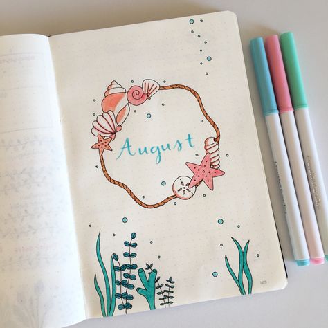 august seashell bullet journal theme #bujo #bujoideas #bulletjournal #bulletjournaling #bulletjournalideas August Bullet Journal Theme Ideas, Bulett Journal Page Ideas August, Summer Title Ideas, Subject Title Page Ideas, August Journal Cover, August Bujo Theme, August Journal Ideas, May Journal Ideas, Ocean Bullet Journal