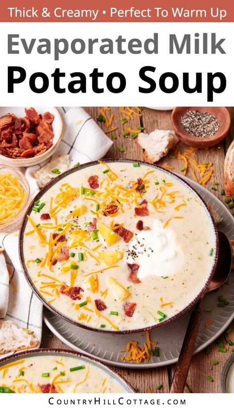 This evaporated milk potato soup is smooth, creamy, and loaded with deliciousness. The easy recipe is quick and easy to make with a few simple ingredients. The soup tastes just like a loaded baked potato and can only be described as comfort food in a bowl. It's loaded up with your favorite toppings, like cheddar, bacon, sour cream, and green onions and embodies everything you love about baked potatoes. Canned evaporated milk makes the soup rich without being too heavy. | CountryHillCottage.com Best Creamy Potato Soup, Potato Soup Evaporated Milk Crock Pot, Evaporated Milk Potato Soup, Crockpot Potato Soup With Evaporated Milk, Potatoe Bacon Soup Recipe Crock Pot, Potato Soup Without Sour Cream, Potato Soup With Canned Diced Potatoes, Creamed Potato Soup, Evaporated Milk Dinner Recipes