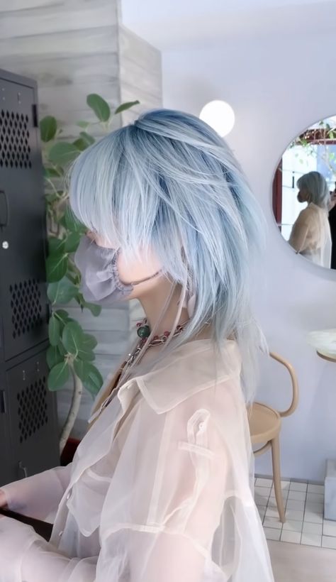 Short Light Blue Hair, Layered Mullet, Ice Blue Hair, Blue Hair Aesthetic, Short Blue Hair, Red Tv, Light Blue Hair, Men Hair Color, Asian Short Hair