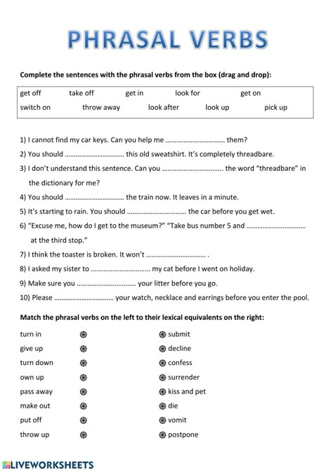 Phrasal Verbs English Worksheet, Verb Phrases Worksheet, Phrasal Verbs Worksheet With Answers, Phrasal Verbs Activities, Linking Verbs Anchor Chart, Phrasal Verbs Exercises, Phrasal Verbs Worksheet, Phrasal Verbs English, Verbs Anchor Chart