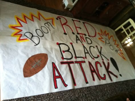 Red & Black Attack Run through sign Signs For Games, Football Game Signs, Run Through Signs, High School Football Posters, Cheerleading Signs, School Spirit Posters, Locker Signs, Homecoming Posters, Football Run