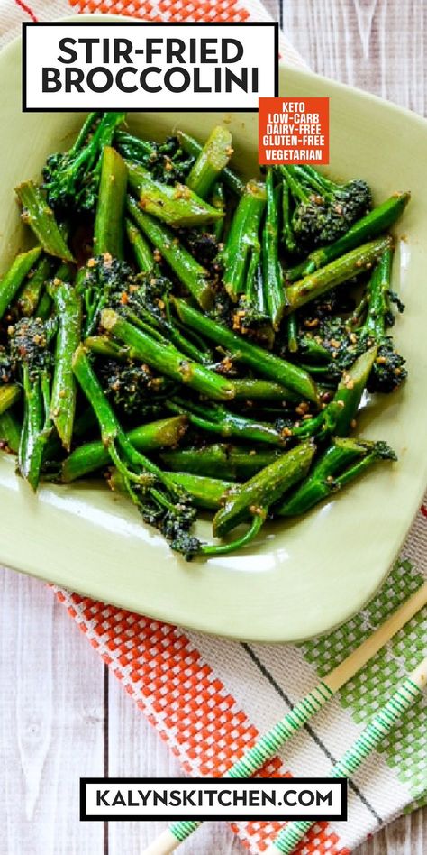 Pinterest image for Stir-Fried Broccolini shown on serving plate with chopsticks. Cooking Broccolini On Stove, Broccolini Recipe Side Dishes, Brocollini Recipes, Broccolini Recipes, Broccolini Recipe, Starch Solution, Summer Meals, Low Carb Side Dishes, Veggie Side Dishes