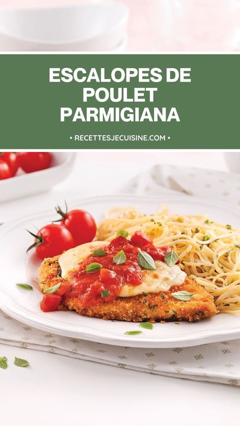 Recette de poulet parmigiana accompagné de pâtes. Marinara, Salmon Burgers, Ethnic Recipes