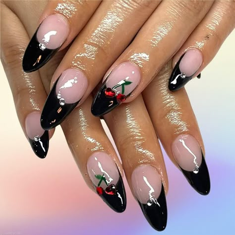 Black French With Cherries Nails, Black Cherry French Tip Nails, Black French Tip Cherry Nails, Cherry Rhinestone Nails, Black And Cherry Nails, Black French With Heart, Black Nails With Cherries, Cherry Black Nails, French With Cherries