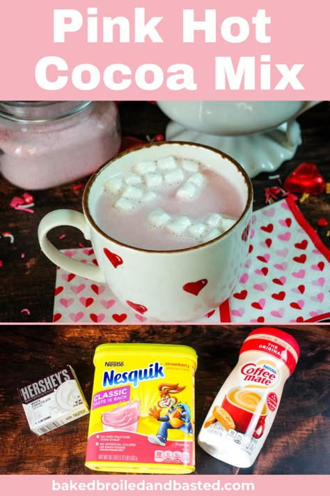 This Pink Hot Cocoa Mix is rich , creamy and full of strawberry flavor. A sweet change in routine of hot beverages everyone loves. This is super simple with only 3 easy to find ingredients. via @Baked Broiled and Basted Strawberry Hot Chocolate Recipe, Pink Hot Chocolate Recipe, Flavored Hot Cocoa Mix Recipe, Homemade Hot Drink Mixes, Powder Drink Mix Recipes, Powdered Drink Mix Recipes, Hot Drink Mixes, Cocoa Mix In A Jar, Strawberry Hot Chocolate