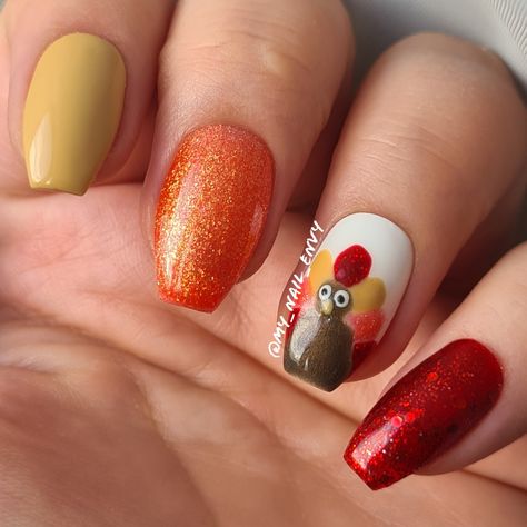 Turkey Nail Art Designs, Orange Thanksgiving Nails, Thanksgiving Gnome Nails, Turkey Nails Designs Holiday, Thanksgiving Nails Turkey, Pumpkin Pie Nails, Fall Gnome Nails, Turkey Nails Designs, Dear Nails