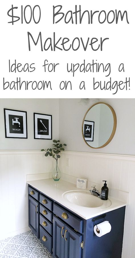 $100 Classic Farmhouse Bathroom Makeover - Lemons, Lavender, & Laundry Bathroom Makeover Ideas, Makeover Kamar Mandi, Bathroom On A Budget, Diy Bathroom Makeover, Classic Farmhouse, Bad Inspiration, Stenciled Floor, Diy Bathroom Remodel, Basement Bathroom