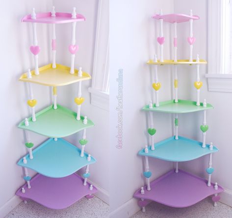 Kitschy Bedroom, Pastel Goth Furniture, Kawaii Shelf Ideas, Pastel Rainbow Furniture, Kawaii Furniture, Cute Shelves, Pastel Rainbow Colored Dresser, Maximalist Kawaii Bedroom, Kawaii Display Shelf