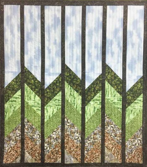 Making a fractured landscape quilt using a simple piecing method Chevron Quilts, Nature Fabric, Brown Nature, Mountain Quilts, Reception Table Decorations, Landscape Quilt, Landscape Quilts, Man Quilt, Quilts Ideas