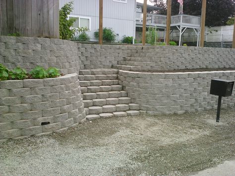 retaining wall, functional and beautiful Slope Landscape, Wall Stairs, Backyard Retaining Walls, Front Porch Garden, Retaining Wall Blocks, Building A Retaining Wall, Landscaping A Slope, Yard Inspiration, Fence Gate Design