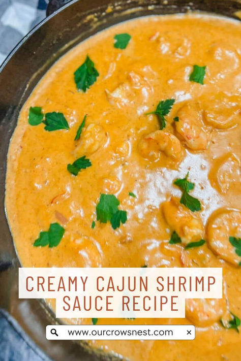 a large cast iron skillet holding a Cajun shrimp sauce recipe with chopped parsley over the top. Cajun Sauce Recipe For Seafood, Creamy Cajun Shrimp Sauce, Shrimp Sauce Recipe, Cajun Shrimp Sauce, Easy Cajun Shrimp, Shrimp Sauce Recipes, Cajun Shrimp Recipe, Cajun Shrimp And Rice, Creamy Cajun Shrimp