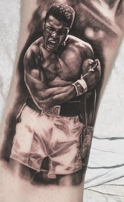 Muhammad Ali boxing tattoo by Seunghyun Jo Potter at FY ink in Toronto Tattoo Ideas Boxing, Mohammad Ali Tattoo, Mohammed Ali Tattoo, Behind The Leg Tattoo, Boxing Tattoo Ideas, Boxing Tattoo Ideas For Men, Muhammad Ali Tattoo, Box Tattoo Ideas, Against All Odds Tattoo