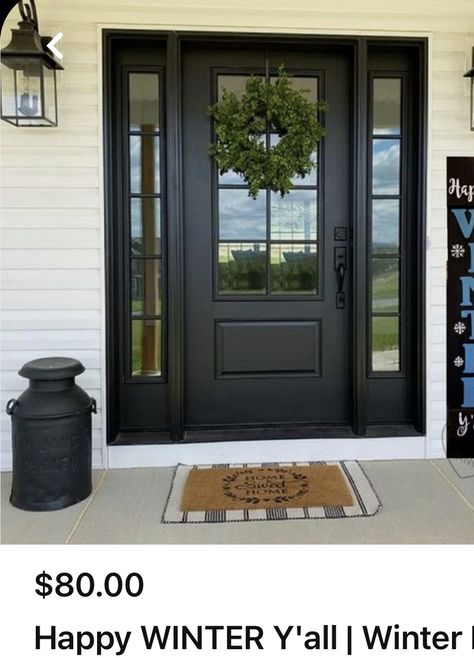 Black Framed Door Exterior, Modern Farmhouse Exterior Back Doors, Charcoal Entry Door, Black Entry Door Front Entrances, Modern Country Front Door, Front Door Types, Black Front Door With Sidelights And Transom, Black Wooden Front Door, Black Double Front Door Entrance