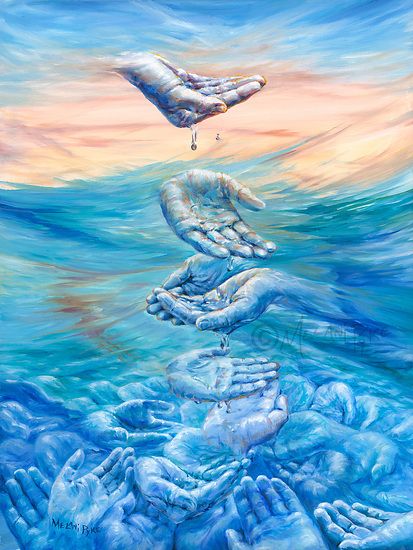 Using water and hands as metaphor, this painting symbolizes hope for humanity. Anyone can do a simple act of sharing and make a positive impact on the world. Although the sea of need may seem endless, with faith and love one can make a difference. This 18x24" painting was created for the Water for Life International Art Exhibition at the Mayan Museum in Cancun, Mexico, March-April 2022. Art Exhibition Painting Ideas, Sea Plastic Art, Ideology Art, Plastic In Ocean, Hope Painting, Inspirational Paintings, All Painting, Dripping Water, Paintings Easy