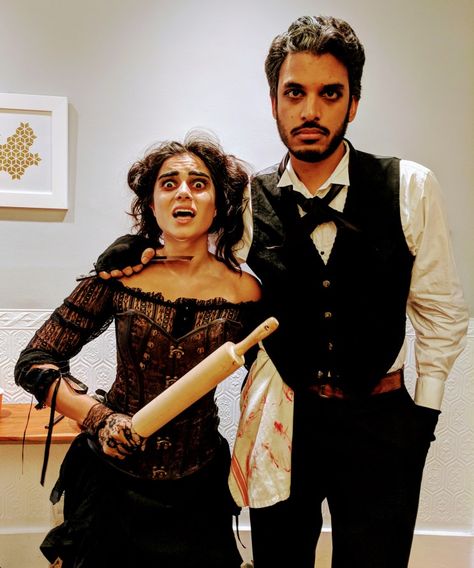 Tim Burton Couples Costumes, Sweeney Todd Couple Costume, Sweeney Todd Halloween Costumes, Mrs Lovett Costume Diy, Sweeney Todd And Mrs Lovett Costume, Sweeny Todd Couples Costume, Tim Burton Couple Costumes, Mrs Lovett Costume, Sweeney Todd And Mrs Lovett