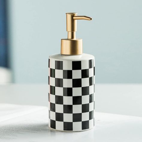 Checkered soap dispenser bathroom decor. *this is a commissionable link Retro Soap Dispenser, Black And White Bathroom Aesthetic, Checkered Bathroom Decor, Checkered Bathroom, Lotion Containers, Checkered Decor, Ceramic Soap Dispenser, Foam Soap Dispenser, Decorative Soaps