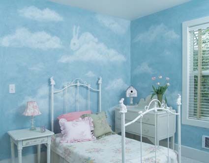 Cloud rabbit room How To Paint Clouds, Rabbit Room, Cloud Bedroom, Cloud Theme, Small Kids Room, Kids Room Murals, Kids Room Paint, Diy Wand, Bohemian Bedroom Decor