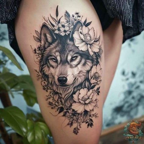 Wolf Thigh Tattoo For Women, Wolf Tattoo On Thigh, Feminine Hip Tattoos, Wolf Tattoo With Flowers Thigh Piece, Wolf Flower Tattoo Design, Wolf With Flowers Tattoo, Floral Wolf Tattoo, Wolf In Flowers Tattoo, Simple Wolf Tattoo