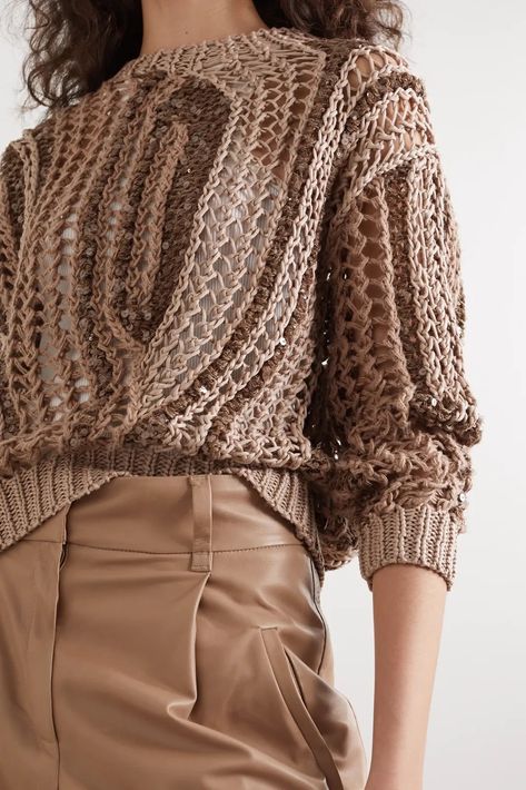 Brunello Cucinelli Opera sequin-embellished open-knit cotton-blend Knitwear Trends, Knitted Clothes, Stylish Crochet, Yarn Sweater, Handmade Knitwear, Embroidery Fashion, Knitwear Design, Casual Chic Style, Open Knit