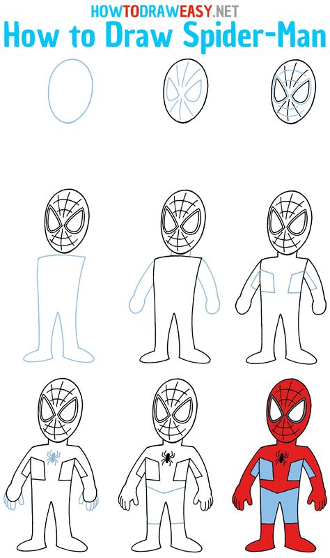 How to Draw Spiderman Step by Step #Spiderman #SpiderManDrawing #EasyDrawing #HowtoDrawSpiderMan #Marvel #Comic #ComicBook #Avengers How To Draw Easy Spiderman, How To Draw Spider Man Step By Step, How To Draw Super Heroes, How To Draw Spider Man, Draw Spiderman Easy, Lunchbox Doodles, How To Draw Spiderman, Teach Kids To Draw, Spiderman Characters