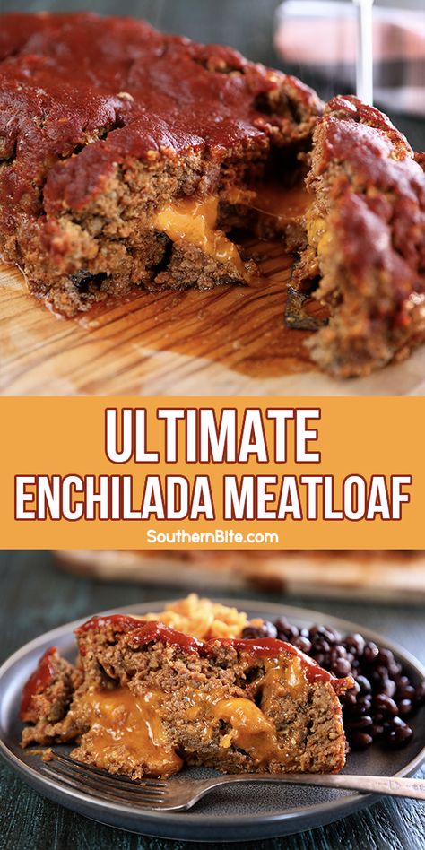 This cheesy Ultimate Enchilada Meatloaf adds tons of great Mexican flavor into the classic recipe. It's packed with green chiles, onions, garlic, taco seasoning, crushed tortilla chips, and cheddar cheese then topped with a delicious enchilada sauce! Taco Meatballs Ground Beef, Hungarian Meatloaf, Enchilada Meatloaf, Mexican Meatloaf, Beef Meatloaf, Good Meatloaf Recipe, Ground Meat Recipes, Best Meatloaf, Green Chiles