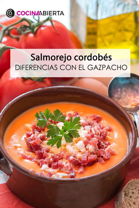 Te contamos cómo hacer la tradicional receta de salmorejo cordobés y en qué se le diferencia del famoso gazpacho andaluz. ¡Toma nota y prepara uno bien fresquito para los días de calor! 😜 Gazpacho, Veggie Recipes, Chili, Food And Drink, Cooking Recipes, Sauce, Ethnic Recipes