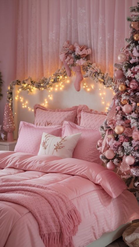 Pink Christmas Bedding, Christmas Room Decor Pink, Pink Christmas Decorations Bedroom, Pink Christmas Bedroom Decor, Pink Christmas Room, Pink And Gold Ornaments, Christmas Room Inspiration, Pink Christmas Bedroom, Pink Christmas Lights