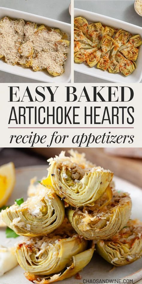 Collage showing how to make baked artichoke hearts, from fresh ingredients to a finished crispy appetizer with breadcrumbs and Parmesan. Baked Artichoke Recipes, Easy Artichoke Recipes, Marinated Artichoke Hearts Recipes, Canned Artichoke Heart Recipes, Artichoke Casserole Recipes, Hearty Appetizers For Party, Crispy Artichoke Hearts, Baked Artichoke Hearts Recipe, Baked Artichoke Hearts