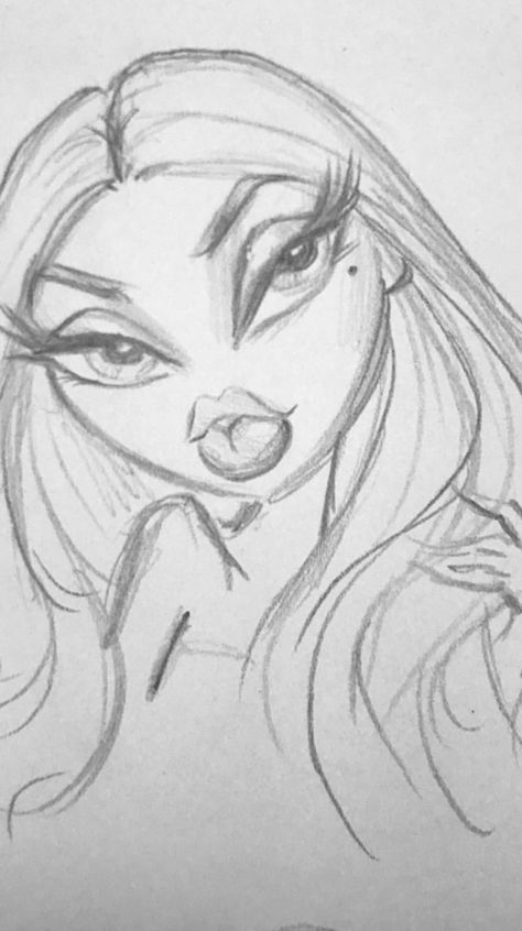 Brats Drawing Sketch, Bratz Doll Sketch Pencil, How To Draw A Bratz Doll Step By Step, Brats Drawings, Bratz Drawings Pencil, Baddie Drawings Pencil, Chunky Drawing, Bratz Sketches, Bratz Painting