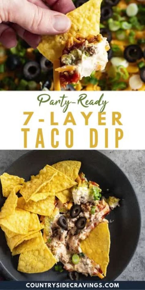 Get the party started with this irresistible 7-layer taco dip! Packed with layers of creamy, cheesy, and zesty goodness, it’s the ultimate crowd-pleaser for any gathering. From seasoned beef to a creamy cheese layer to zesty salsa and a hint of spice from the taco seasoning, this dip offers bold flavors in every bite. Easy to assemble and perfect with tortilla chips, it’s a go-to appetizer for game days, holidays, or casual get-togethers! The Best Taco Dip Tipsy Housewife, Chili Taco Dip, Hot Mexican Dip With Cream Cheese, Taco Dip Appetizer, Tortilla Chip Dips For Parties, Layered Taco Dip Easy, Chicken Taco Dip Recipe, Mexican Dips And Appetizers, Espinaca Dip