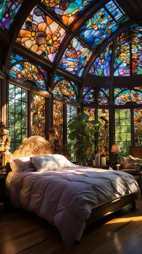 A Bedroom With Beautiful Stained Glass Skylight and Windows Whimsical Home Design, Comfy Homes, Stained Glass Skylight, Architectural Artwork, Glass Skylight, Magical Room, Fantasy Rooms, Glass Building, Glass Room