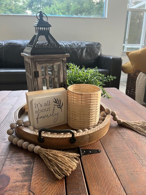 Combine candle , any message , a plant and clandle holder over wood tray . Center Table Decor, Tray Styling, Coffee Table Tray, Walnut Coffee Table, Wood Tray, Tray Table, Center Table, Table Decor, Walnut