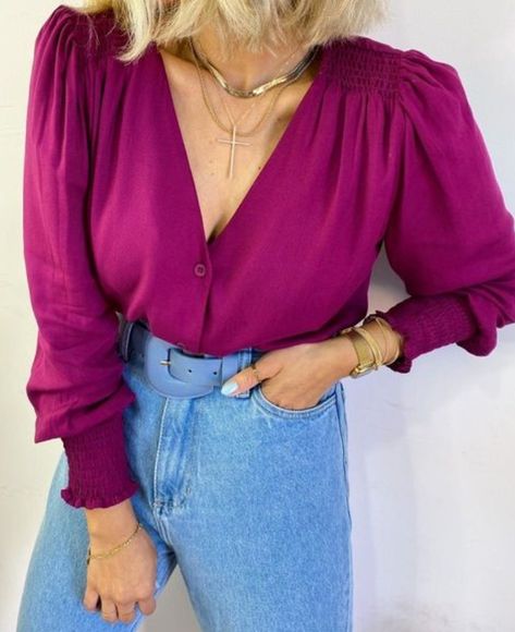 Jewel Tone Outfits, Sultry Winter, Eclectic Outfits, Magenta Top, Style Finder, Color Analysis, Orchid Flower, Blouse Outfit, Outfits Casuales