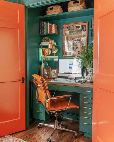 Closets converted to home offices; an Ai exploration like we use in our process with clients to explore concept and executions #homeoffice #closeoffice Closet Office Ideas Small Walk In, Closet To Office, Tiny Office Space Ideas, Witchy Office, Closet Turned Office, Cupboard Office, Closet Nook, Closet Conversion, Desk Nook