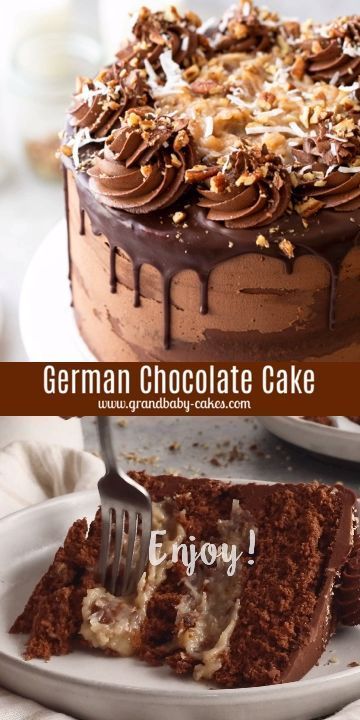 This Classic German Chocolate Cake Recipe is made with layers of decadent, moist chocolate cake and frosted with rich buttery coconut-pecan frosting and indulgent chocolate buttercream. This cake is sure to impress for the holidays, a birthday or any celebration!  #cake #chocolate #chocolatecake #germanchocolate #germanchocolatecake #cakerecipe German Chocolate Cake Ideas, Fancy German Chocolate Birthday Cake, Simple German Chocolate Cake, Chocolate German Cake Recipes, German Choc Cake Recipe, Moist German Chocolate Cake From Scratch, German Chocolate Cake Mix Recipes, German Chocolate Birthday Cake, Best German Chocolate Cake Recipe