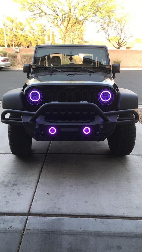 Jeep Wrangler Accessories - Jeep Wrangler JK, RGB halo headlights and fog lights, shining purple DRLs Jeep Wrangler Aesthetic Purple, Jeep Wrangler Purple Interior, White And Purple Jeep Wrangler, Lavender Jeep Wrangler, Jeeps Wrangler Aesthetic, Purple Jeep Wrangler Accessories, Purple Jeep Accessories, Black And Purple Jeep Wrangler, Black Jeep With Purple Accents