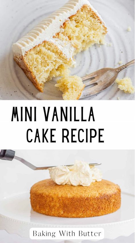 I love making this mini vanilla cake when I need a dessert for a small group. It’s made with two light, tender 6-inch cakes, and they’re sandwiched together with the most delicious creamy brown butter frosting. This cake serves eight generous slices, which makes it the perfect size for a gathering where you don’t want too much leftover. The brown butter frosting adds such a rich, nutty flavor that pairs perfectly with the soft vanilla cake! Small Vanilla Cake Recipe, Mini Vanilla Cake Recipe, Small Vanilla Cake, Mini Vanilla Cake, Honey Drinks, Vanilla Layer Cake Recipe, Cake With Brown Butter Frosting, Vanilla Layer Cake, Honey Muffins