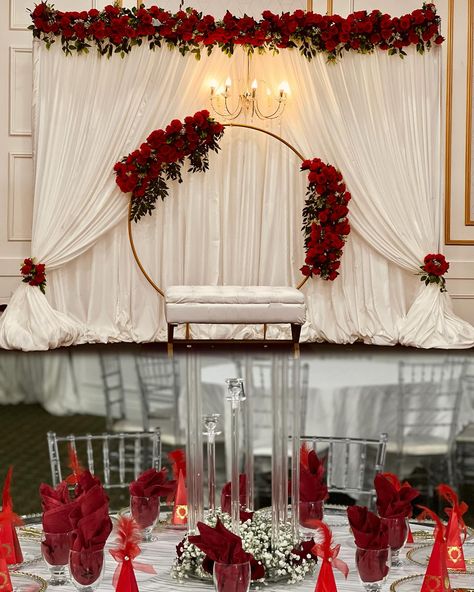 Loved creating this bespoke stage for our client's henna night ✨⚡️ Dm for more details... #wedding #weddingdecor #weddingdecorations #indianweddings #brampton #bramptondecor #gtadecor #gtadecorator #mississauga #mississaugadecorations #engagement #engagementdecoration #engagementdecor#birthday $ #balloons #mehndi #henna Red Stage Decoration, Henna Night Decoration Ideas, Henna Night Decoration, Wedding Photo Zone, Henna Decor, Red Gold Wedding, Nikah Decor, Reception Stage Decor, Mums Wedding