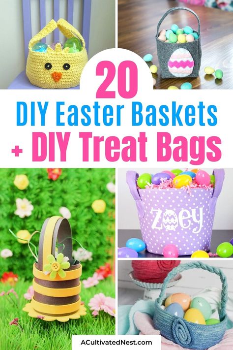 20 DIY Easter Baskets and Treat Bags- This year, make your kids' Easter even more special with some DIY Easter baskets and treat bags! There are so many cute possibilities, and they're all so easy to make! | homemade Easter baskets, how to make your own Easter treat bags, Easter DIYs, #diyEaster #Easter #EasterBasketDIY #EasterCrafts #ACultivatedNest Easy Diy Easter Baskets, Diy Easter Treat Bags, Easter Basket Diy Handmade, Easter Bag Ideas, Easter Crafts Diy Homemade, Candy Box Easter Basket, Basket 2022, Diy Easter Baskets, Easter Basket Alternatives