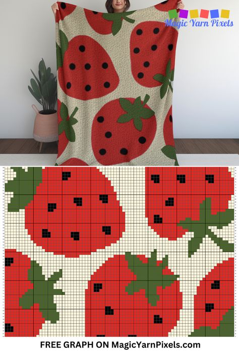 C2C Summer Strawberries Print Free Crochet Blanket Graph Pattern  - Magic Yarn Pixels Crochet Strawberry Blanket, Strawberry Knitting Pattern, Strawberry Tapestry Crochet Pattern, Crochet Grid Patterns Strawberry, Crochet Blanket Strawberry, Crochet Strawberry Rug, Crochet Rug Patterns Free, Crochet Strawberry, Crochet Rug Patterns