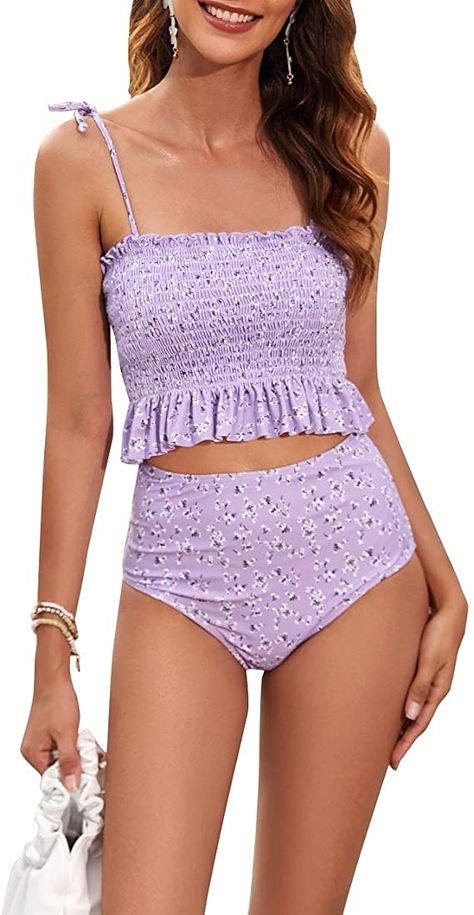 MOLYBELL 2 Pieces Swimsuits for Women with Off Shoulder Smocked Bandeau Cute Bikini high Waisted Swimsuits #afflink 2 Piece Bathing Suits, Swimsuit 2 Piece, Swimsuits 2020, Ruched Tankini, Floral Two Piece, Bandeau Tankini, Strapless Swimsuit, High Waisted Bathing Suits, Bandeau Swimsuit