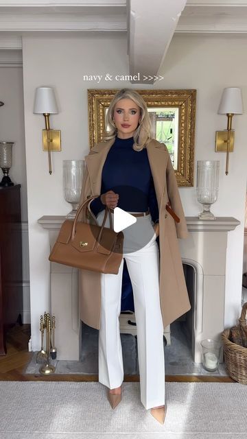 Abigayle Leah on Instagram: "Certain colour combinations will forever just look put-together. Navy and camel is one of them! Would you wear this look? Outfit linked in bio Coat & bag @fairfaxandfavor Jewellery @nicecreamlondon #fashionreels #classicfashion #classystyle" Navy Blue And Beige Outfit, Abigayle Leah, Navy And Cream Outfit, White Tan Outfit, Play Aesthetic, Navy Dress Outfits, Navy Blue Outfit, Money Aesthetics, Tan Outfit