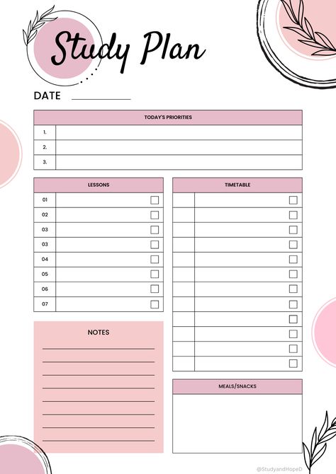 Great study planner to plan your study sessions! With designated places for your top priorities, lesson plans and time tables will keep you more accountable and organized The cute design will motivate you also! Study Time Table Ideas Student, Study Plan Template, Study Planner Free, Study Planner Printable Free, Study Time Table, Exam Planner, Study Planner Printable, Student Planner Printable, Instagram Planner