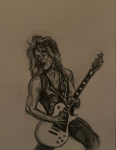 Rock And Roll Sketch, Rockstar Aesthetic Drawing, Classic Rock Drawings, Rockstar Sketch, Rock Star Drawing, Guitar Drawing Aesthetic, Guitarist Sketch, Rockstar Drawing, Guitarist Drawing