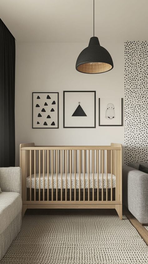 Modern Cribs, Gray Gender Neutral Nursery, Small Nursery Ideas, Monochrome Nursery Decor, Nautical Theme Nursery, Dark Nursery, Gender Neutral Nursery Design, Nursery Design Neutral, Dot Artwork